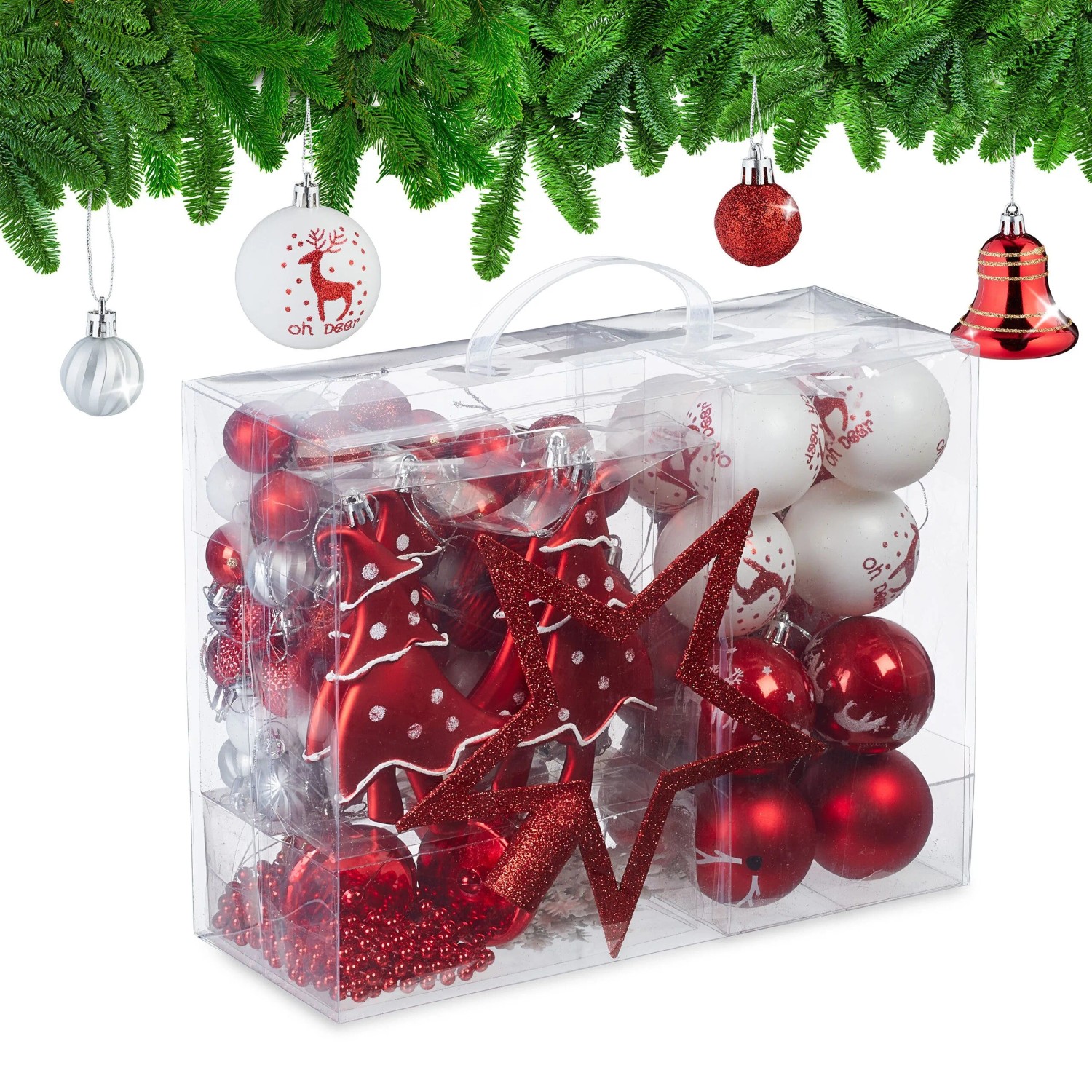 Relaxdays Weihnachtskugeln Kunststoff Weiß Rot 103er Set mit Aufbewahrungsbox