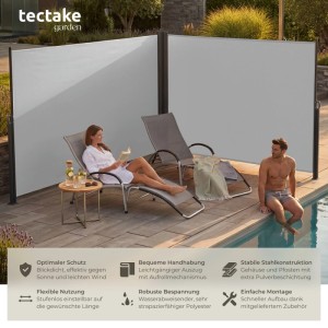Graue Tectake Doppel Seitenmarkise 200x600cm als Sicht- und Sonnenschutz auf Terrasse am Pool.