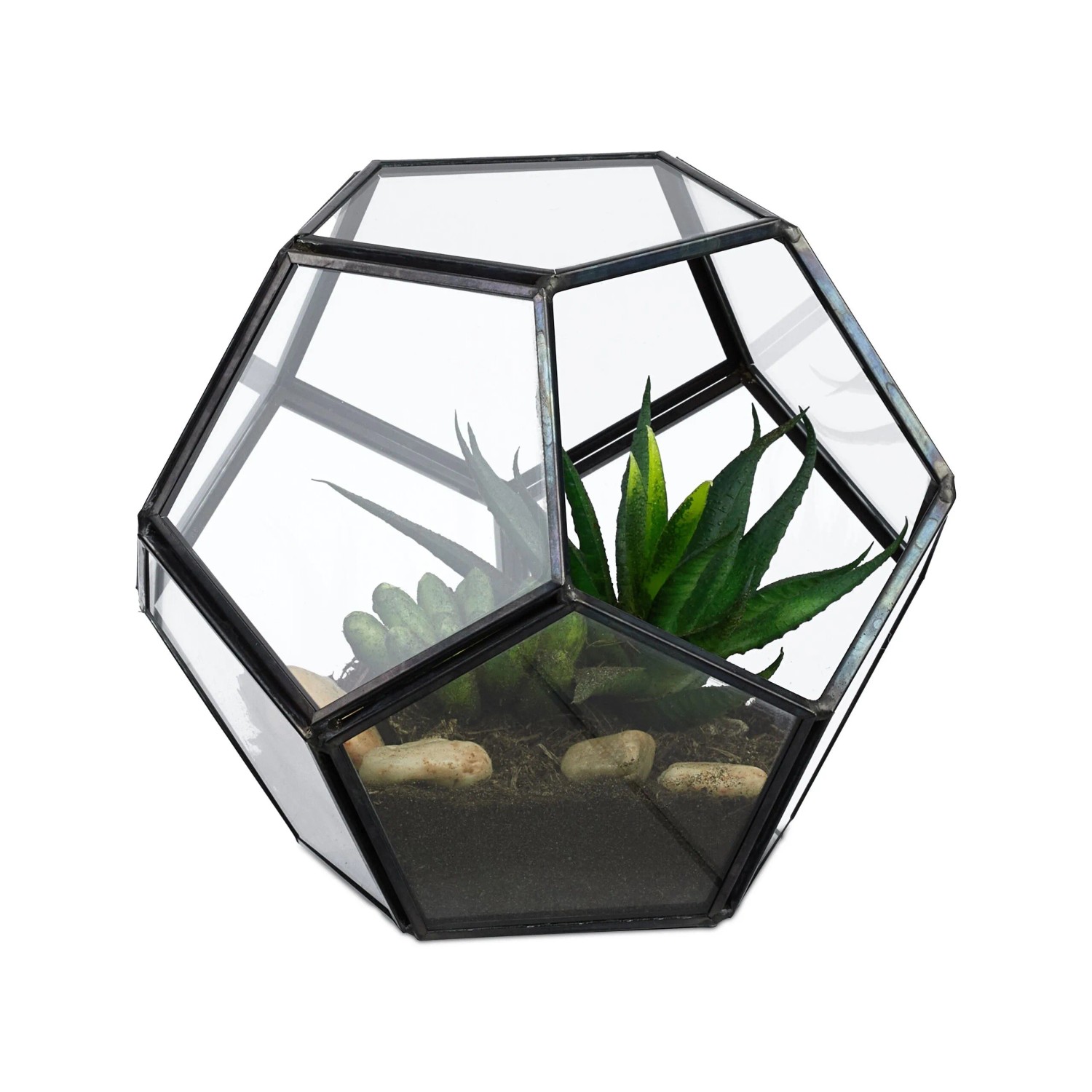 Relaxdays Pflanzenterrarium Glas Zinn Schwarz Geometrisch Offen 12 cm x 14 cm x 14 cm 0,34 kg
