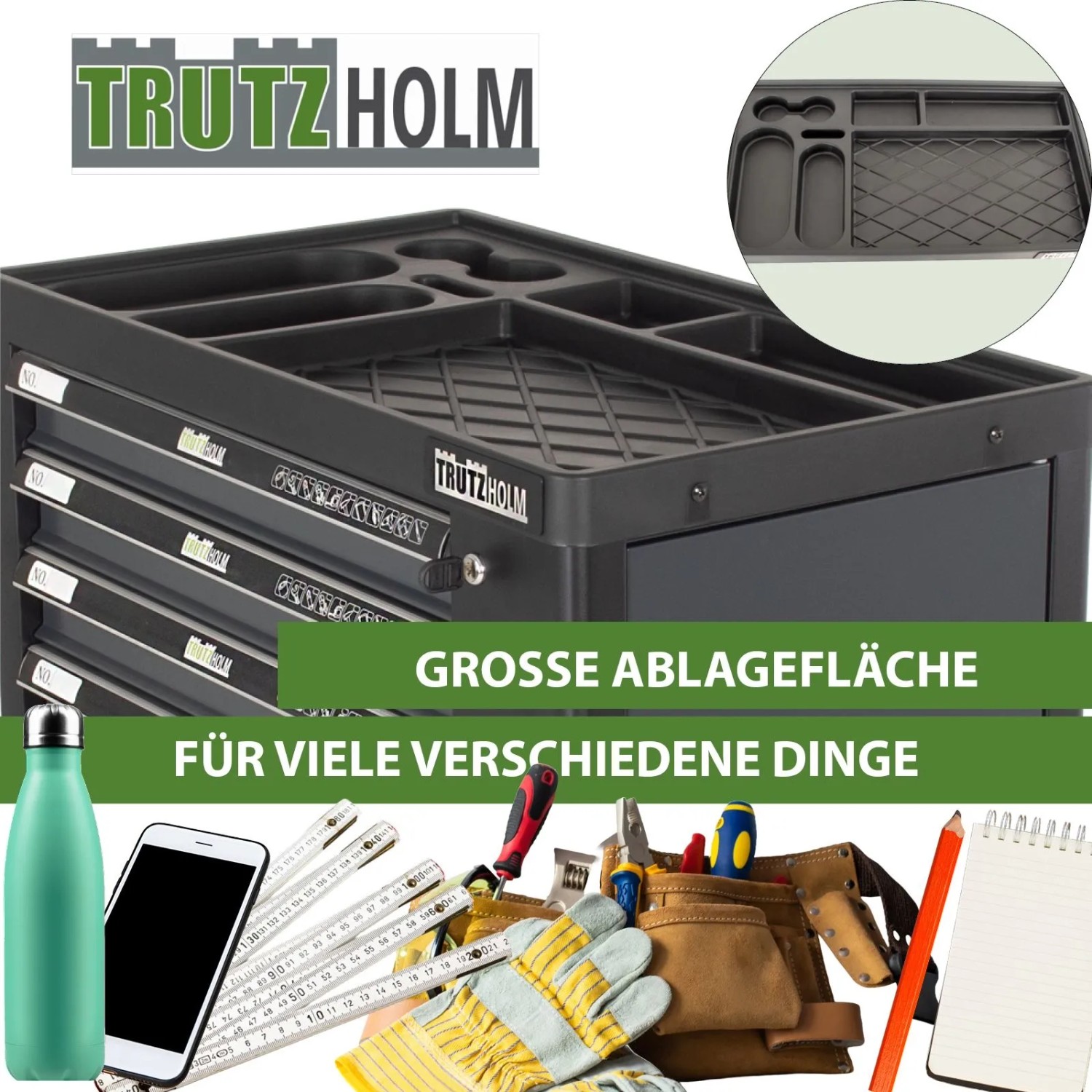 TRUTZHOLM Werkzeugwagen Premium XXL, anthrazit, gefüllt mit Werkzeug und großer Ablagefläche.