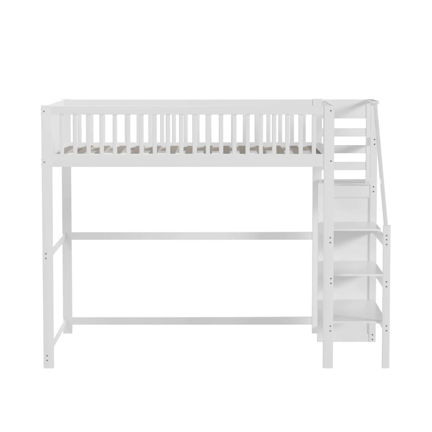 okwish Hochbett 140x200cm mit Treppe und Aufbewahrungsregal Weiß ohne Matratze