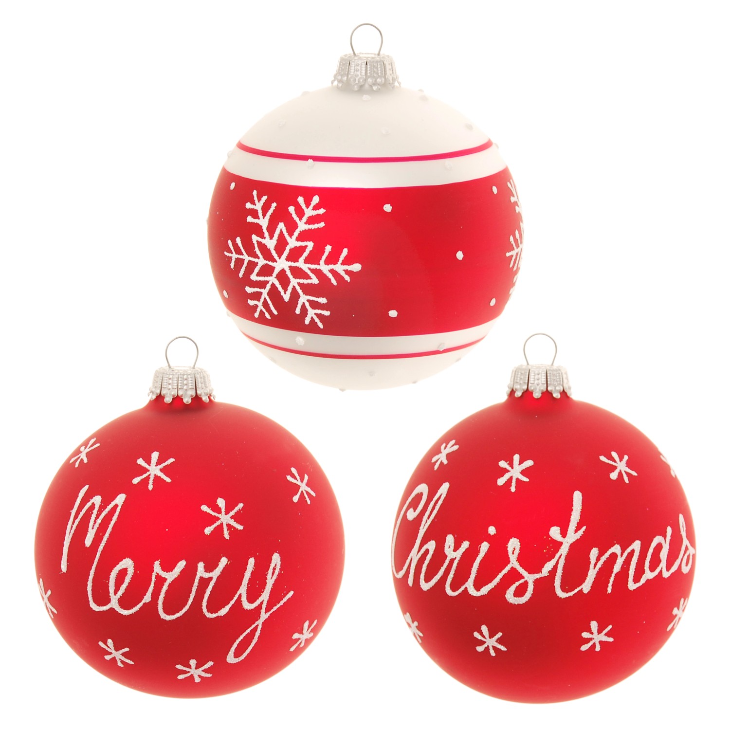 3 rote Weihnachtskugeln von Krebs Glas Lauscha, mit "Merry Christmas" und Schneeflocken, 8 cm.