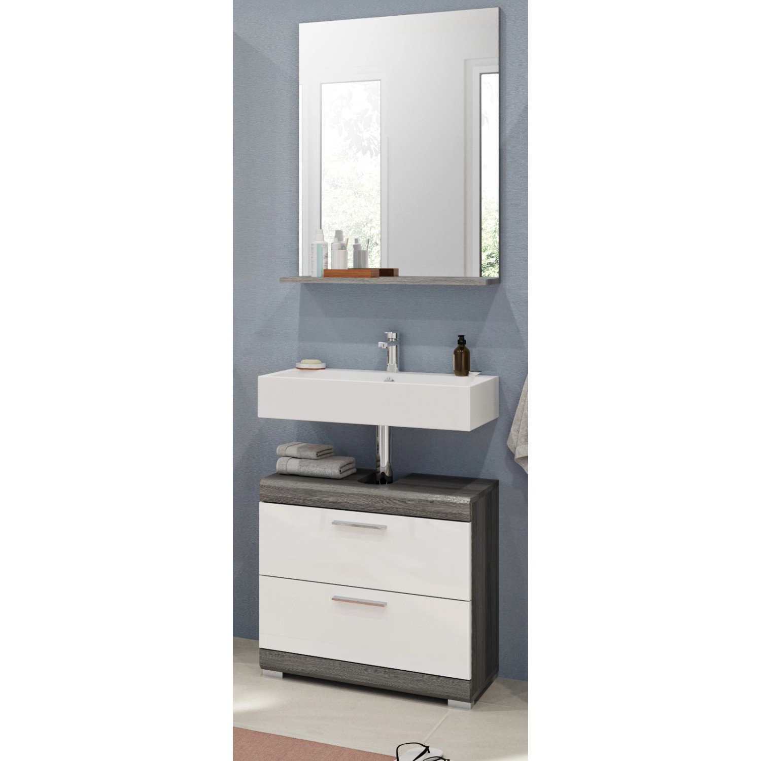 Inn.Furn Badmöbel-Set Weiß Hochglanz Grau 2-teilig 60 cm Vollauszug Shawn günstig online kaufen