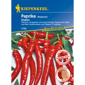 Kiepenkerl Paprika Shakira Saatgut: Scharf-würzige, rote Peperoni auf der Packung.