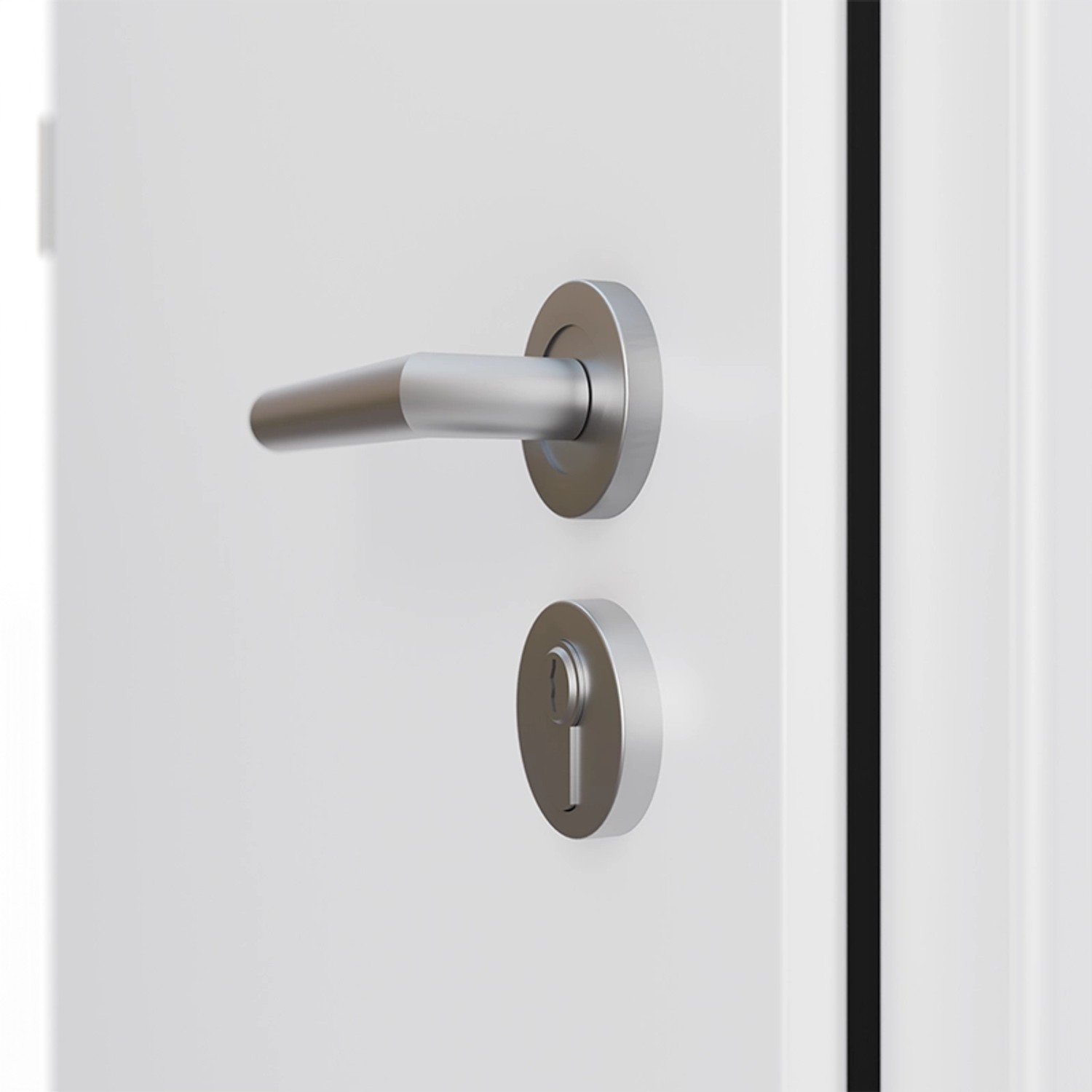 Detailansicht: Weiße FM Tür AS68 mit Edelstahl Beschlägen und Glas.