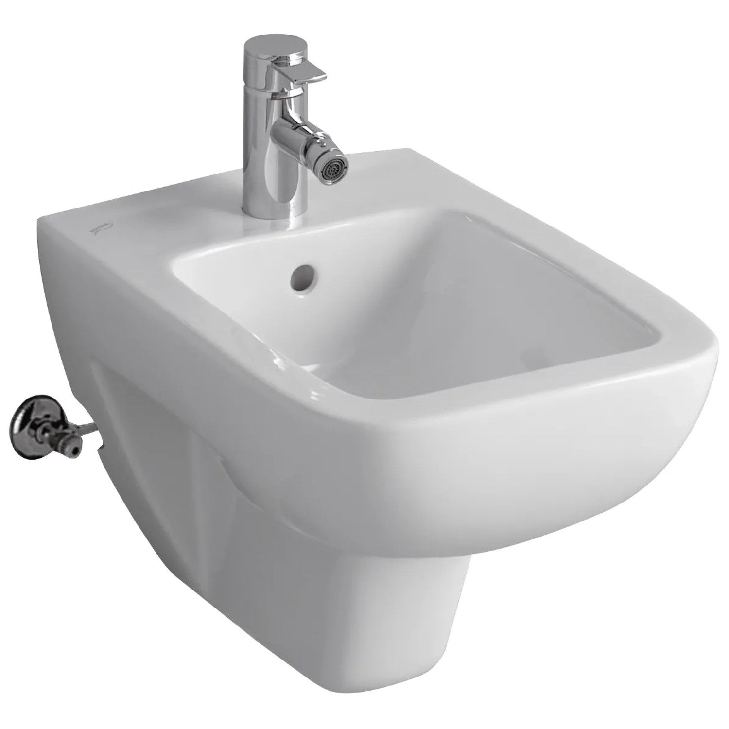 Geberit Renova Plan Wandbidet, weiß mit Überlauf und Armatur.