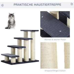 PawHut Tiertreppe mit 4 Stufen für Katzen und kleine Hunde, grau mit Sisal umwickelt.