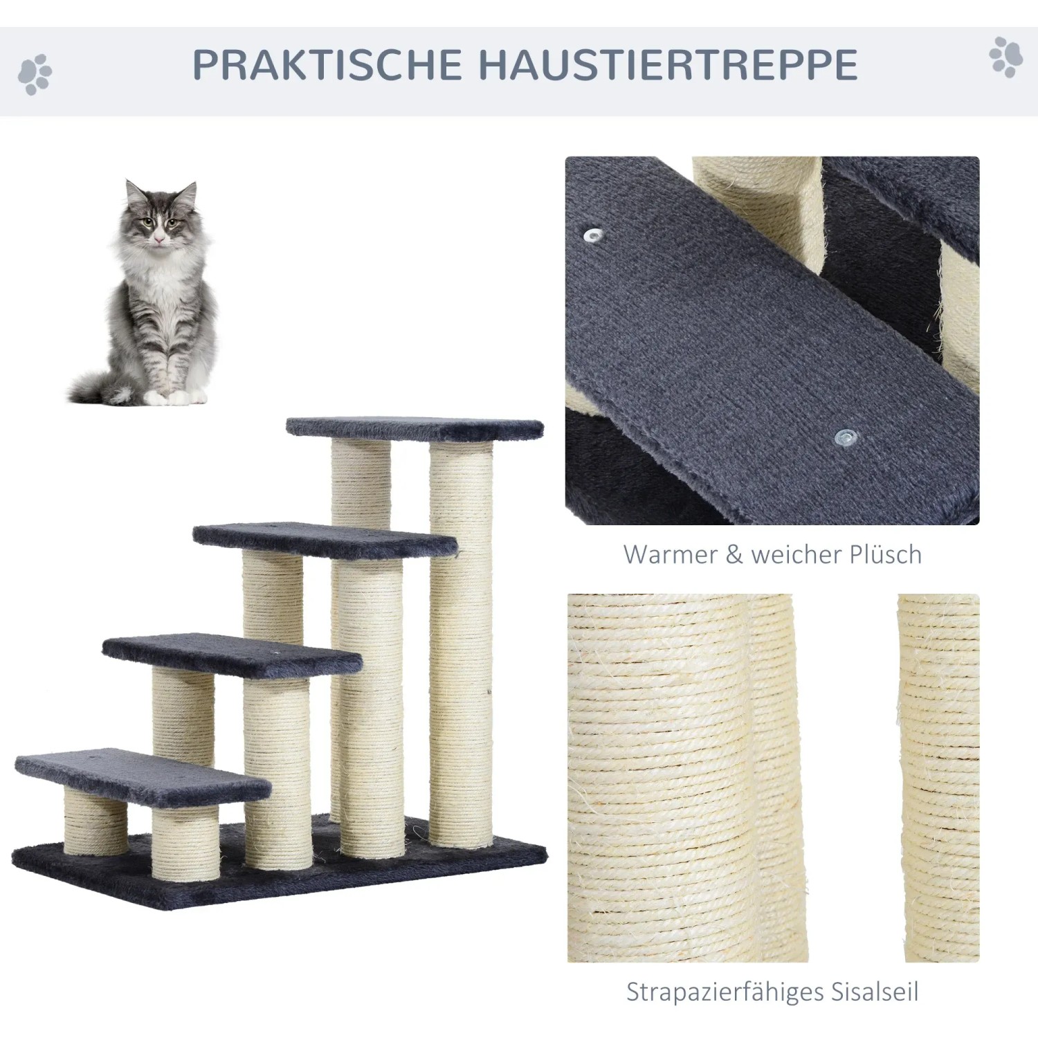 PawHut Tiertreppe mit 4 Stufen für Katzen und kleine Hunde, grau mit Sisal umwickelt.