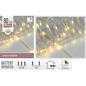 Lichterkette mit 80 warmweißen LEDs, batteriebetrieben und mit Timer für den Innenbereich.