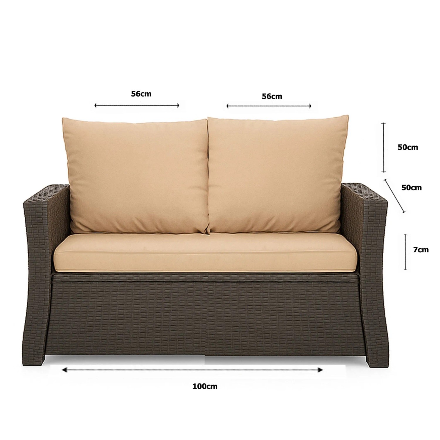 Beiges Gartenkissen-Set für 2-Sitzer Polyrattan-Gartensofa, 100x50x50 cm, mit Rückenlehne.