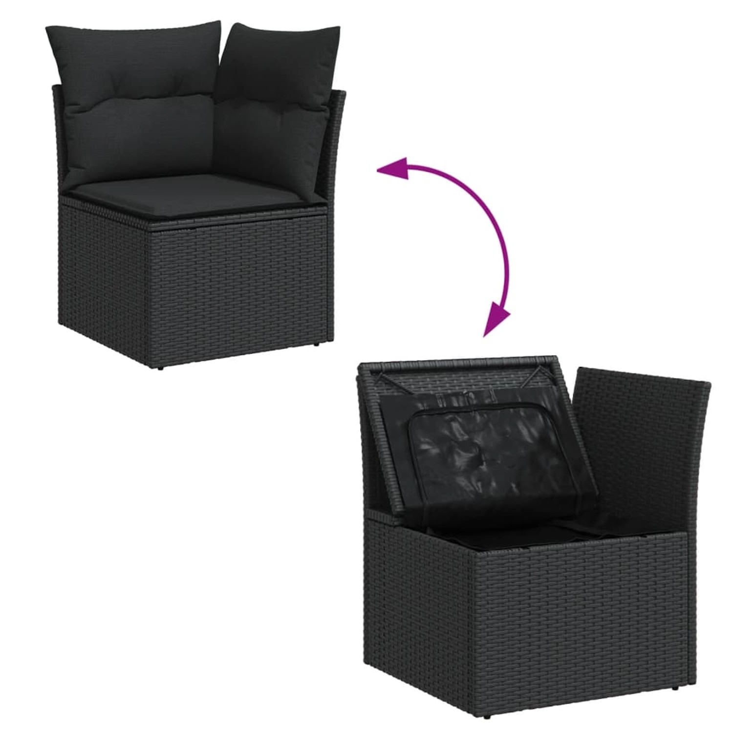 Schwarze 6-tlg. vidaXL Garten-Sofagarnitur aus Poly Rattan mit Kissen und Stauraum.
