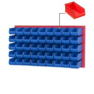 PROREGAL Trägersystem mit roter Platte und 45 blauen Sichtlagerboxen (100x50cm) für Werkstatt & Lager.