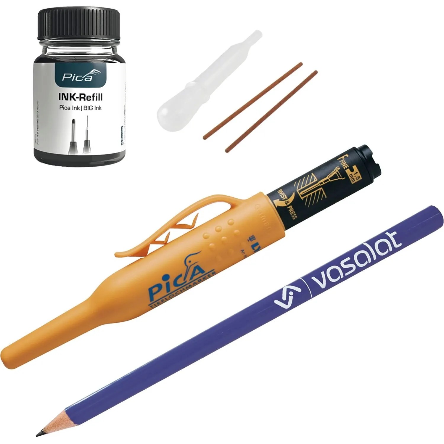 vasalat Set Pica Ink Tieflochmarker für Bohrlöcher + Pica Ink Refill Set schwarz
