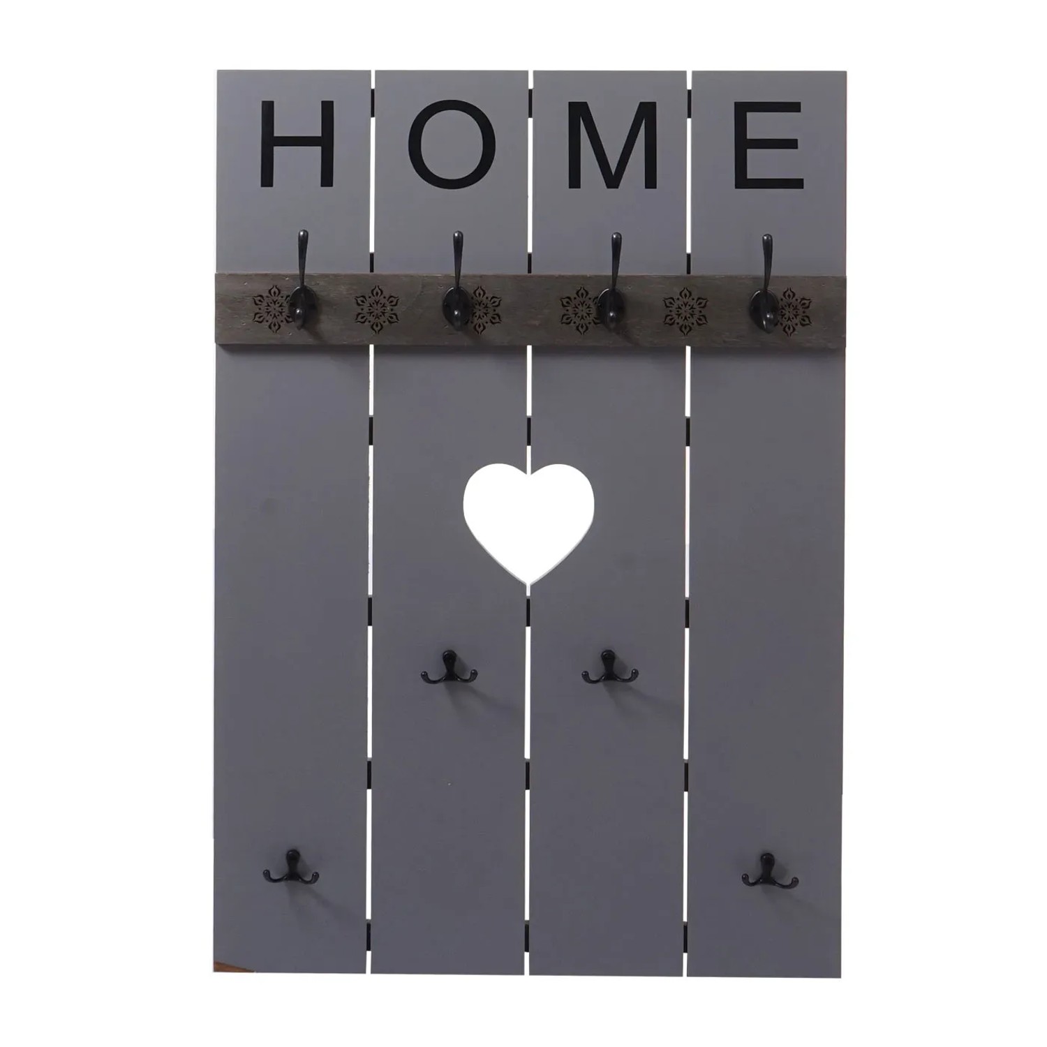 Grau-blaue MCW Wandgarderobe im Shabby-Look mit 8 Haken und Herz-Ausschnitt.