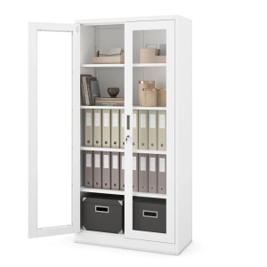 Weißer JAN NOWAK Aktenschrank AMELIA mit Glastüren, gefüllt mit Ordnern und Büromaterial. Ideal für Büro & Archiv.