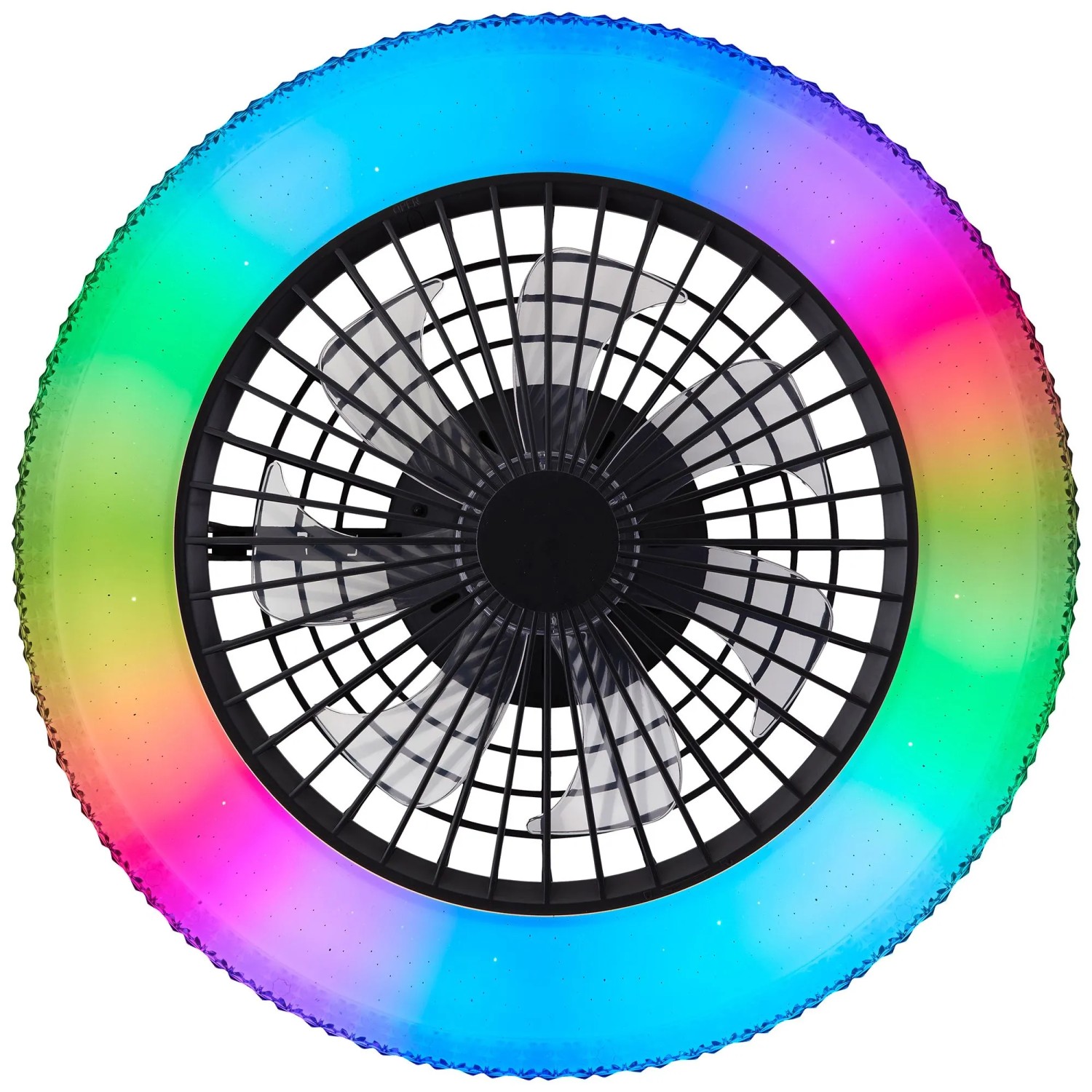 Schwarze LED-Deckenleuchte Badria mit Ventilator und RGB-Farbwechsel, Ø 49 cm.