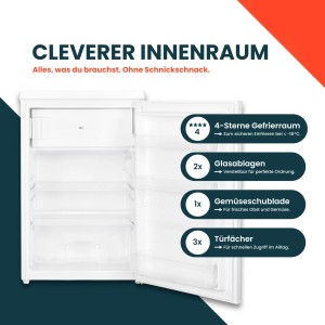 Innenansicht: homeX Mini Kühl-Gefrierkombination, weiß, mit Glasablagen, Gemüseschublade und Türfächern.