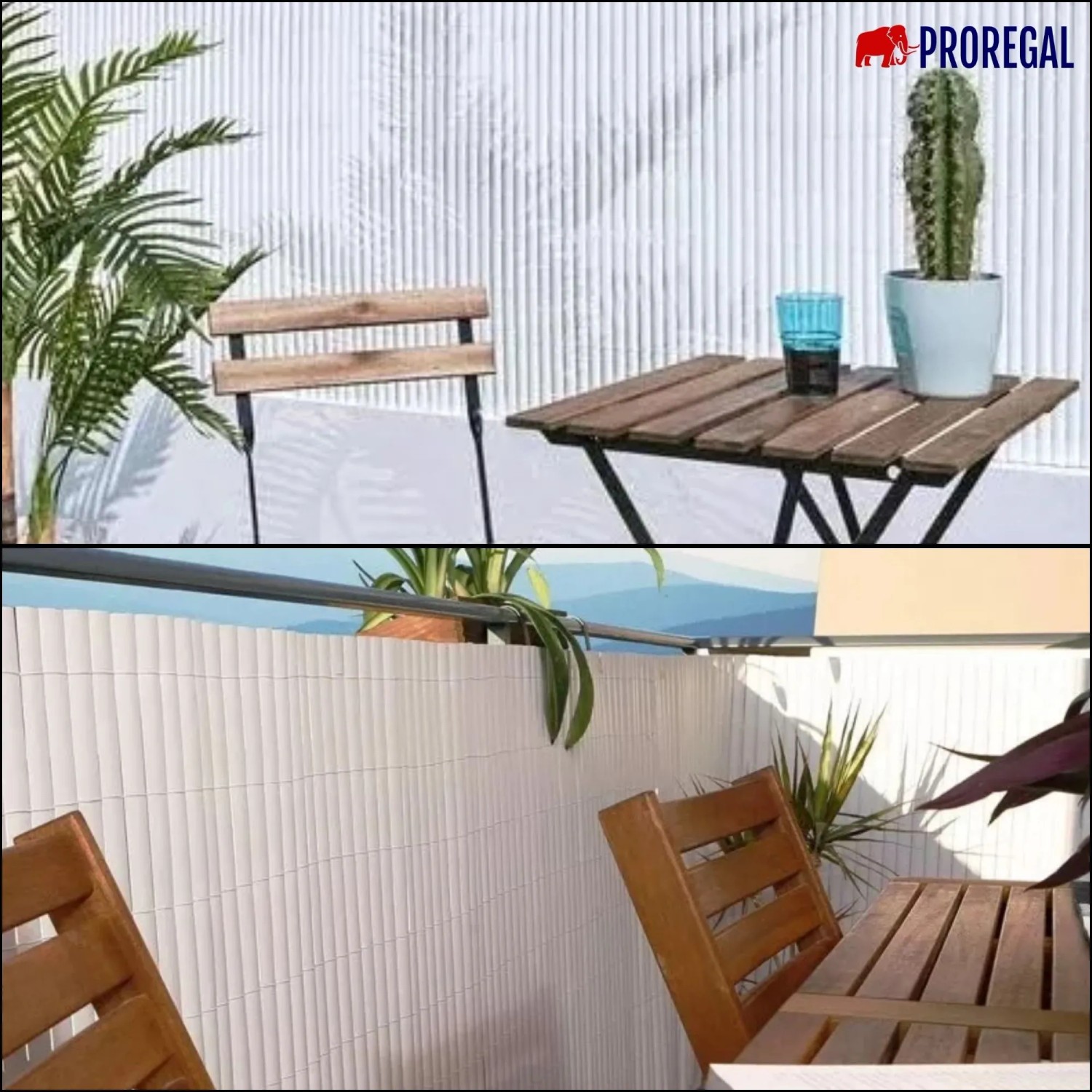 PROREGAL Sichtschutzmatte Grau (2x3m) am Balkon mit Tisch und Stühlen.