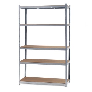 Silbernes Wiltec Schwerlastregal mit 5 braunen MDF-Ablagen, 120x50x204cm. Robustes Steckregal für Keller & Werkstatt.