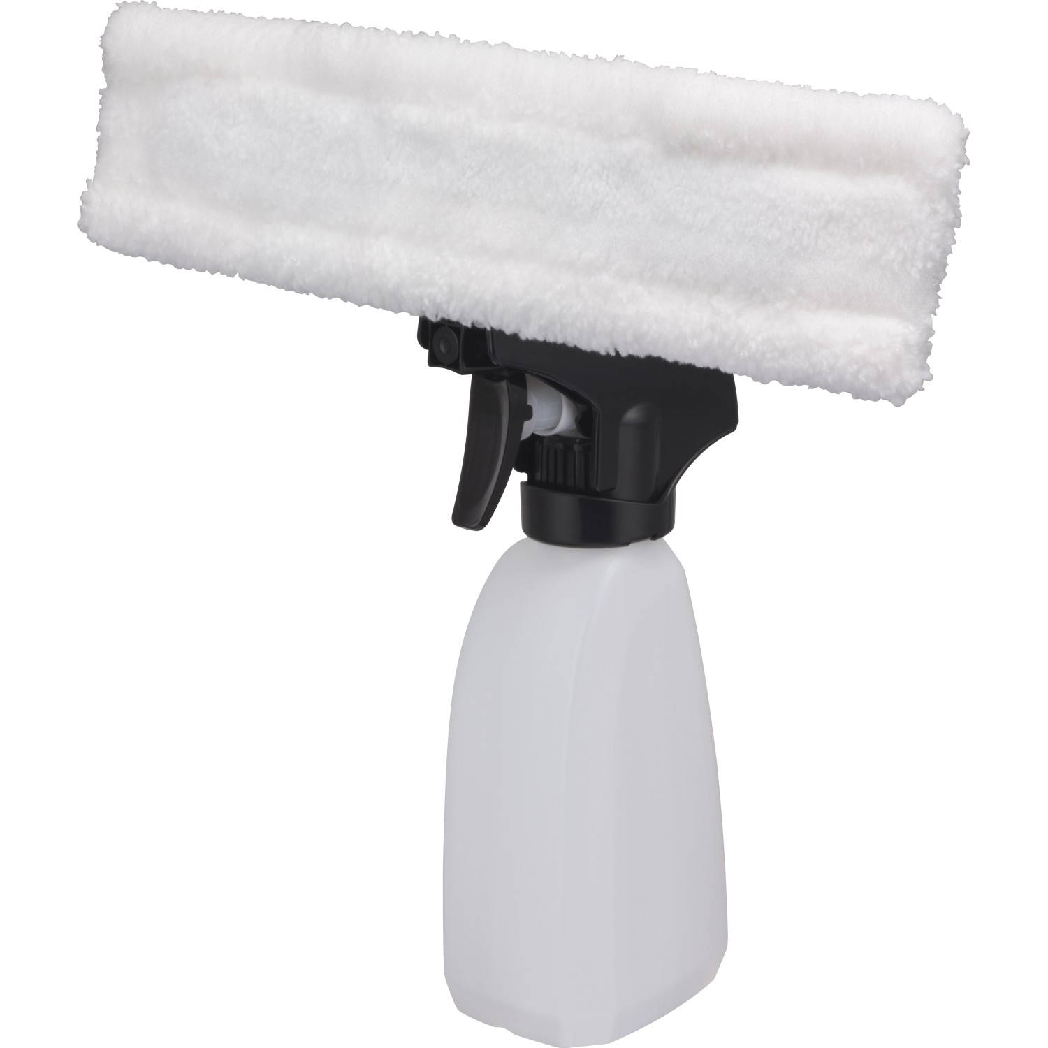 Akku-Fenstersauger mit Sprühflasche und Mikrofasertuch für streifenfreie Fensterreinigung.