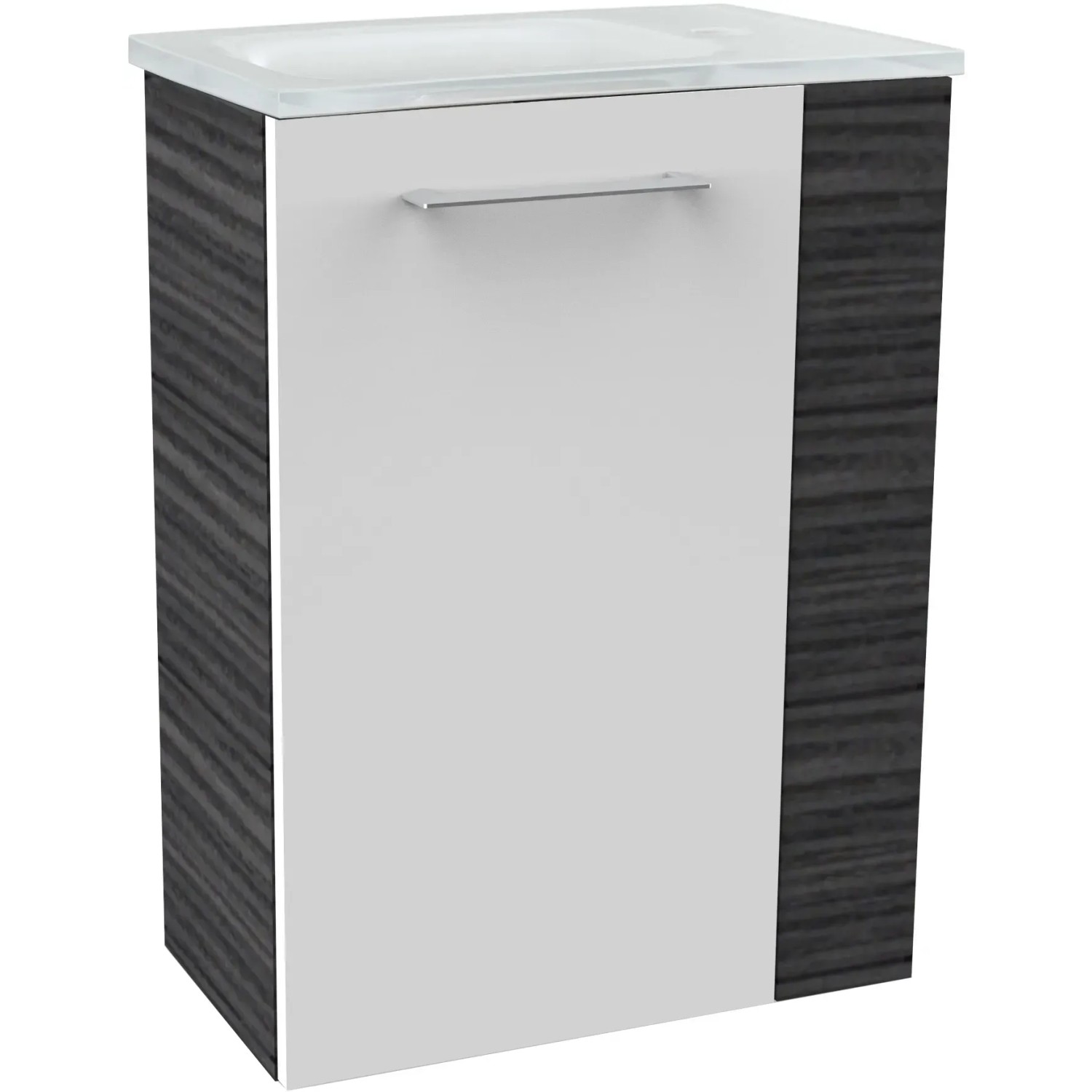 Fackelmann Waschbeckenunterschrank SBC Dark Oak, 44 cm breit, mit weißer Front und Griff.
