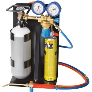 Rothenberger Roxy Set 400 L: Autogenschweißgerät mit Flasche, Kartusche, Schläuchen und Brenner.