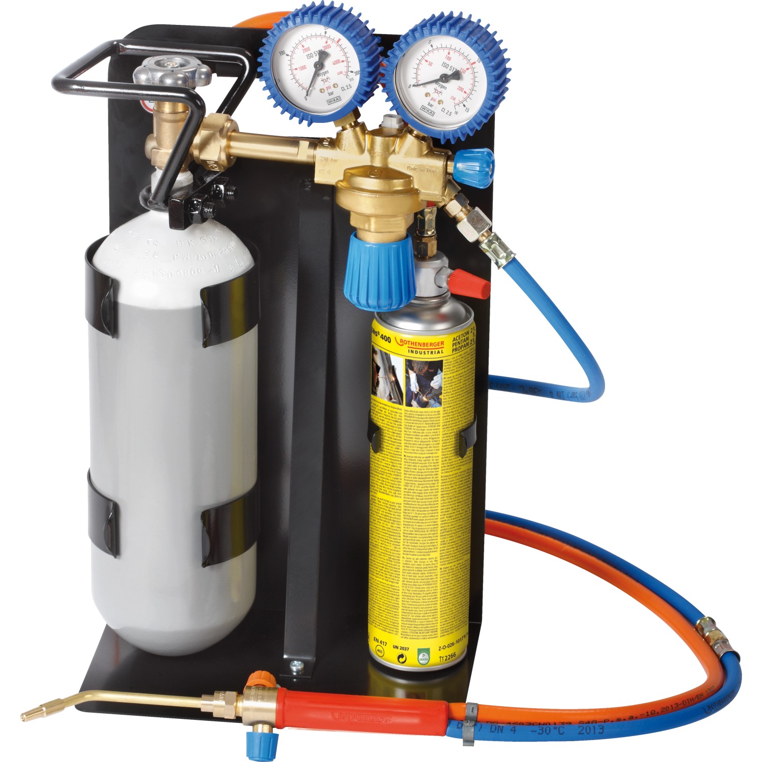 Rothenberger Roxy Set 400 L: Autogenschweißgerät mit Flasche, Kartusche, Schläuchen und Brenner.