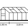 Skizze des schwarzen Halls Gewächshauses Popular 106 mit Maßangaben (Höhe 1,96m, Breite 1,93m, Tiefe 3,19m).