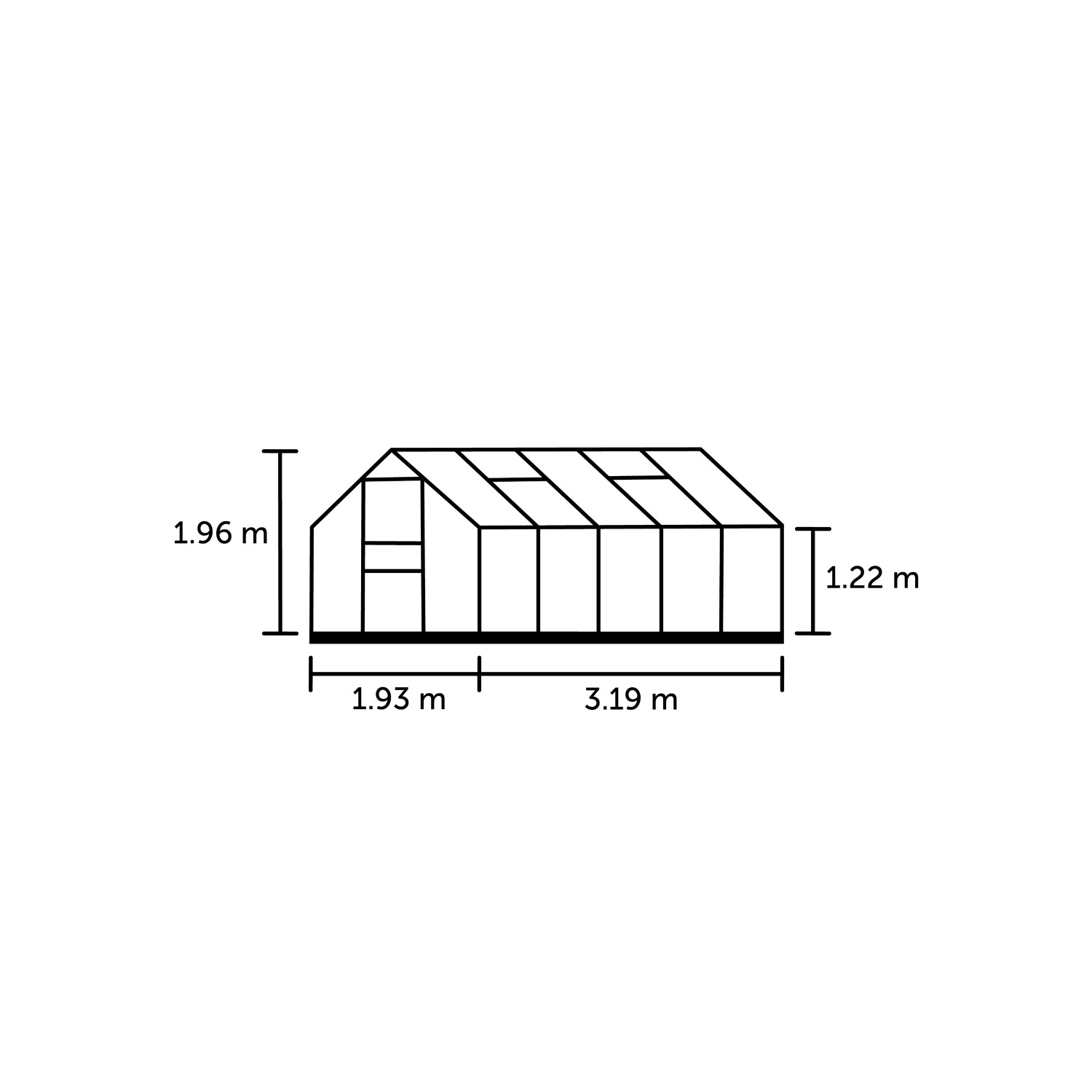 Skizze des schwarzen Halls Gewächshauses Popular 106 mit Maßangaben (Höhe 1,96m, Breite 1,93m, Tiefe 3,19m).