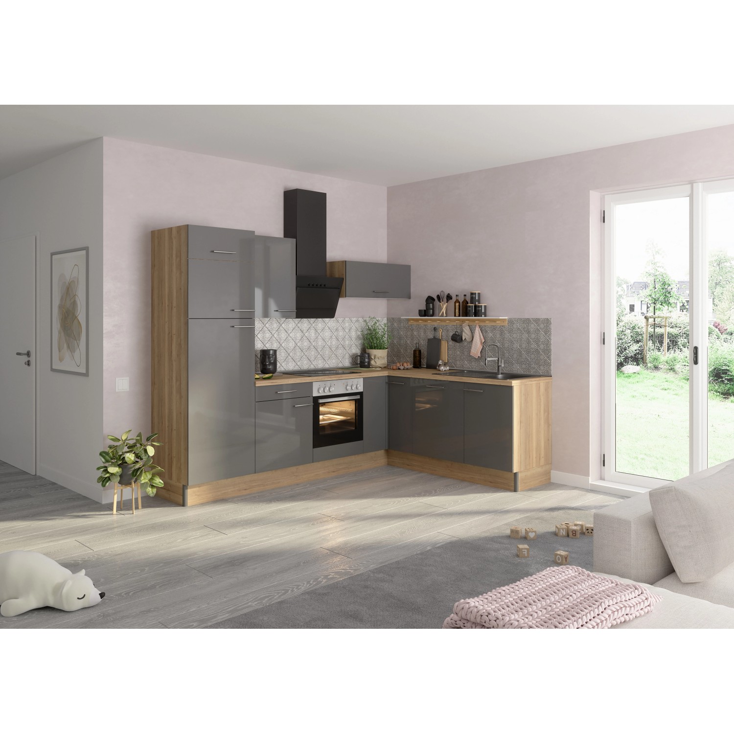 Optifit Winkelküche/L-Küche Optikoncept Jonte ohne E-Geräte 270 cm Anthrazit-Wildeiche