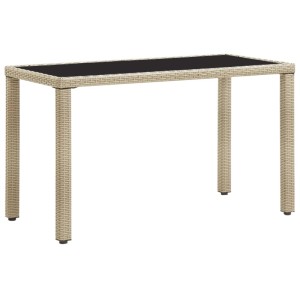 Beiger Gartentisch aus Poly Rattan mit Glasplatte, 123x60x74 cm.