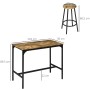HOMCOM Bartisch mit 4 Barhockern im Industrie Design, rustikal braun, mit Maßangaben.