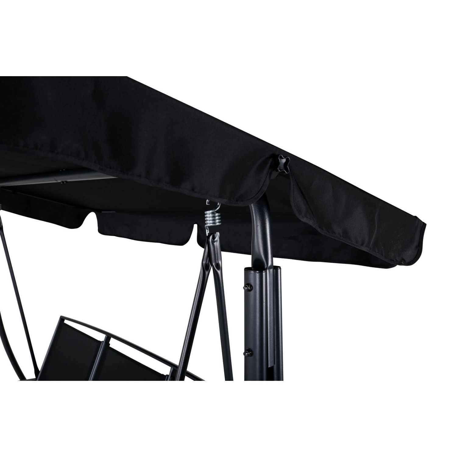 Detailaufnahme des schwarzen ebuy24 Madras Hängesofas für 3 Personen, Teil der Gartenmöbel.