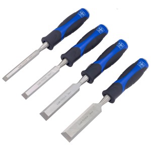 LUX Stechbeitel-Satz, 4-teilig mit blau-schwarzen 2-Komponenten-Griffen.