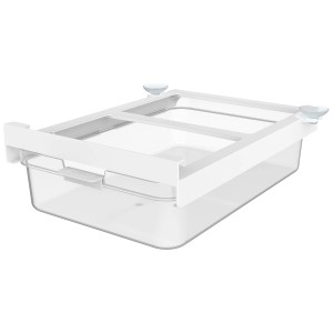 Transparenter Rotho Kühlschrankorganizer Cauma mit weißem Rahmen und Saugnäpfen.