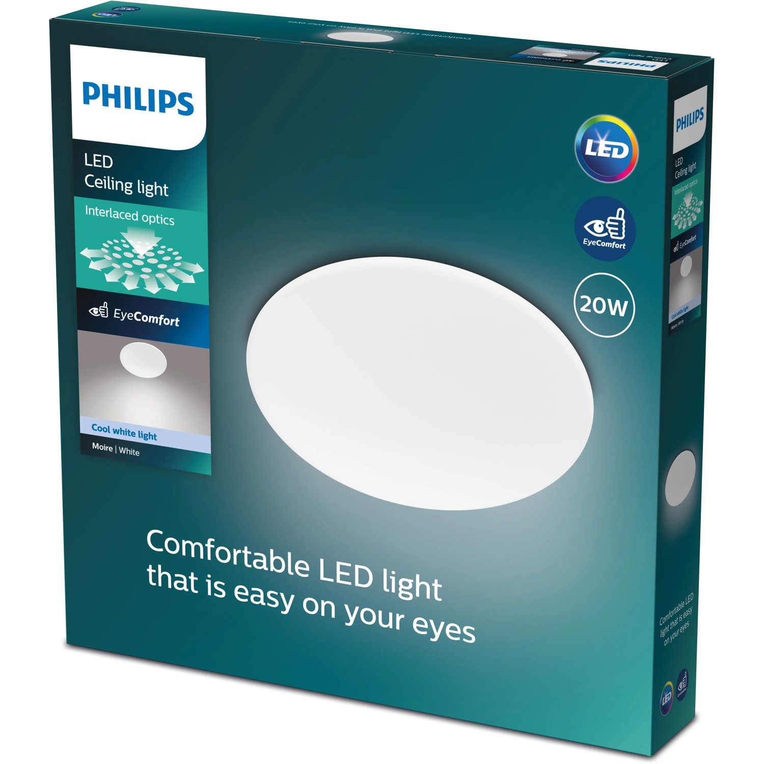 Verpackung der Philips LED-Deckenleuchte Moire CL200, 1700 lm, 2700 K, Weiß.