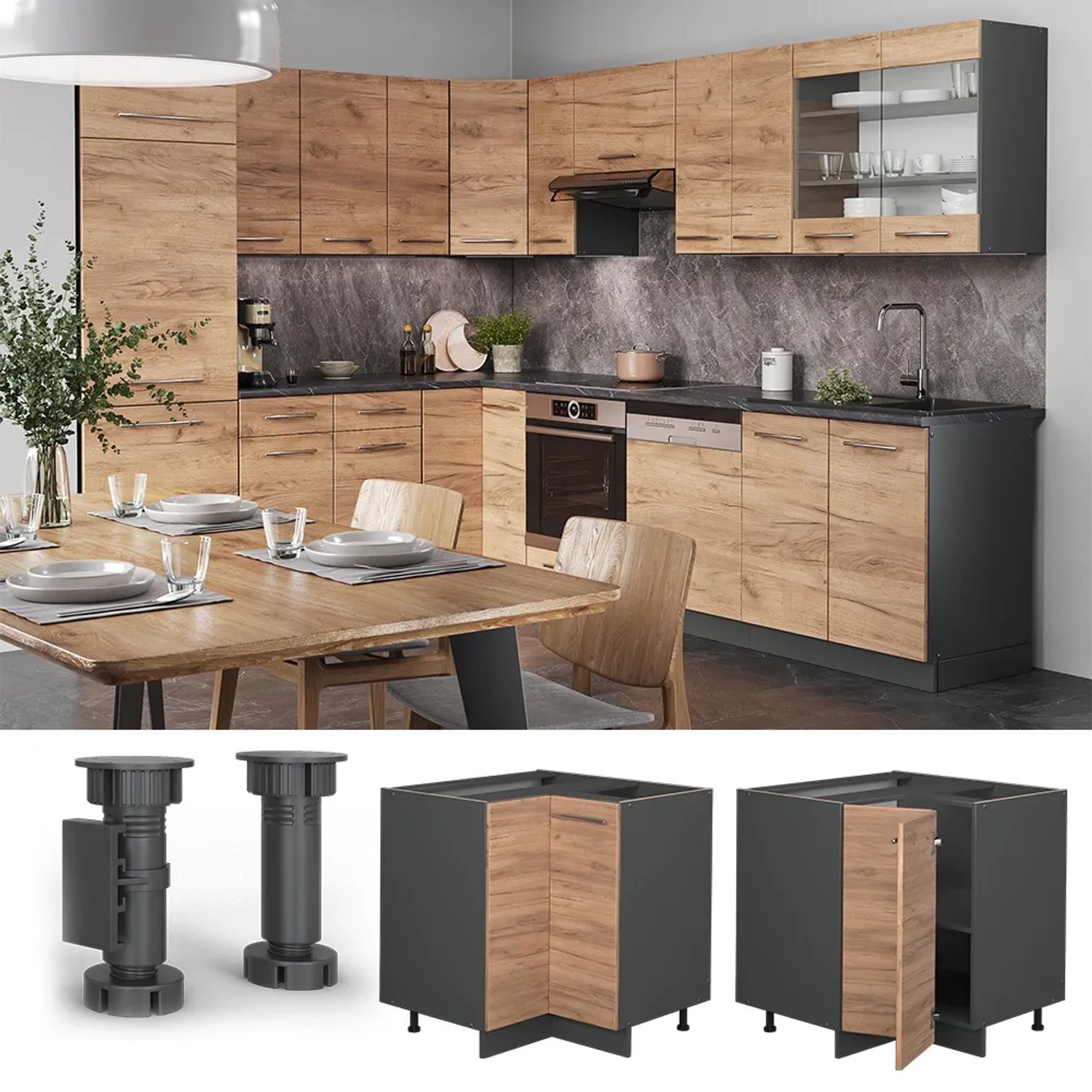 Vicco Eckunterschrank Fame-Line in Goldkraft Eiche/Anthrazit mit Marmor Arbeitsplatte, 81 cm. Küchenschrank für Ecklösungen.