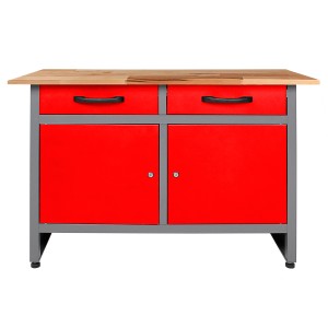 Rote Ondis24 Werkbank Werner (120 cm) mit Buchenholzplatte, 2 Schubladen und 2 Türen.