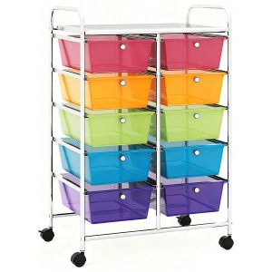 Costway Rollwagen mit 10 bunten, transparenten Schubladen auf einem silbernen Metallgestell.