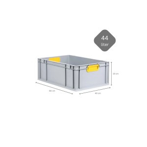 Graue Eurobox 44 Liter mit gelben Griffen, geschlossen, verstärkter Boden. Ideal zur Aufbewahrung.