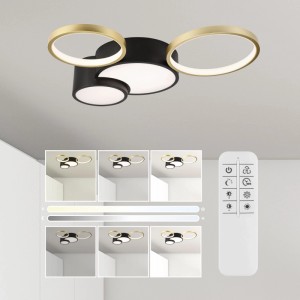 Moderne LED-Deckenleuchte Alizee in Schwarz-Gold, dimmbar mit Fernbedienung.