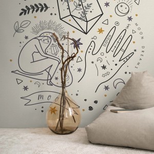 Fototapete Grafisch Creme mit abstrakten Motiven in Schwarz, Grau und Gelb.