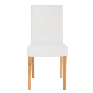 Weißer MCW Esszimmerstuhl Littau im 6er-Set mit hellen Holzbeinen und Kunstlederbezug.