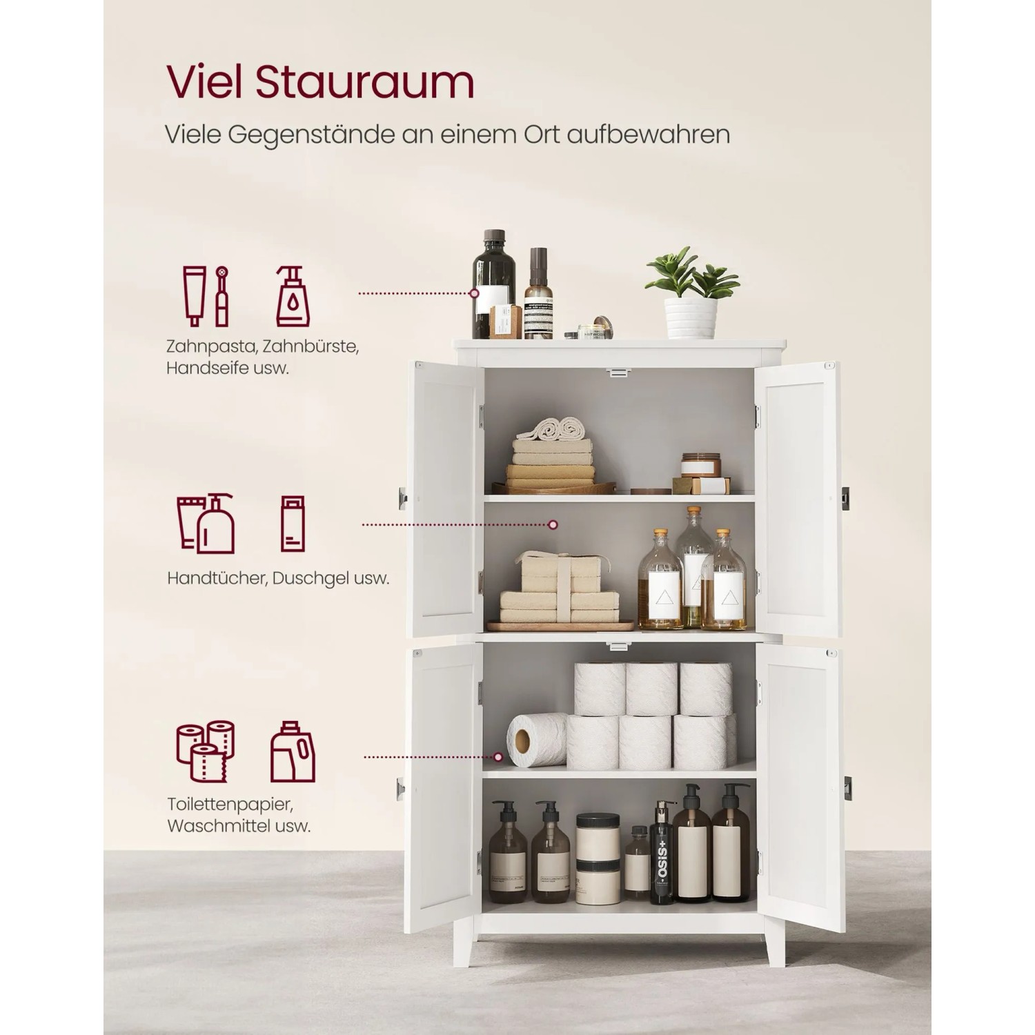 Weißer Vasagle Badezimmerschrank (30x60x110cm) mit offenstehenden Türen und Badutensilien.