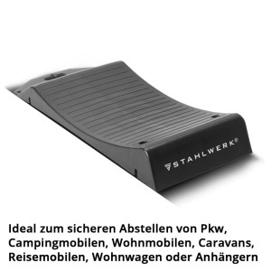 Schwarze STAHLWERK Reifenschoner Standplatte aus HDPE-Kunststoff mit gerippter, rutschfester Oberfläche für Pkw, Wohnmobile.