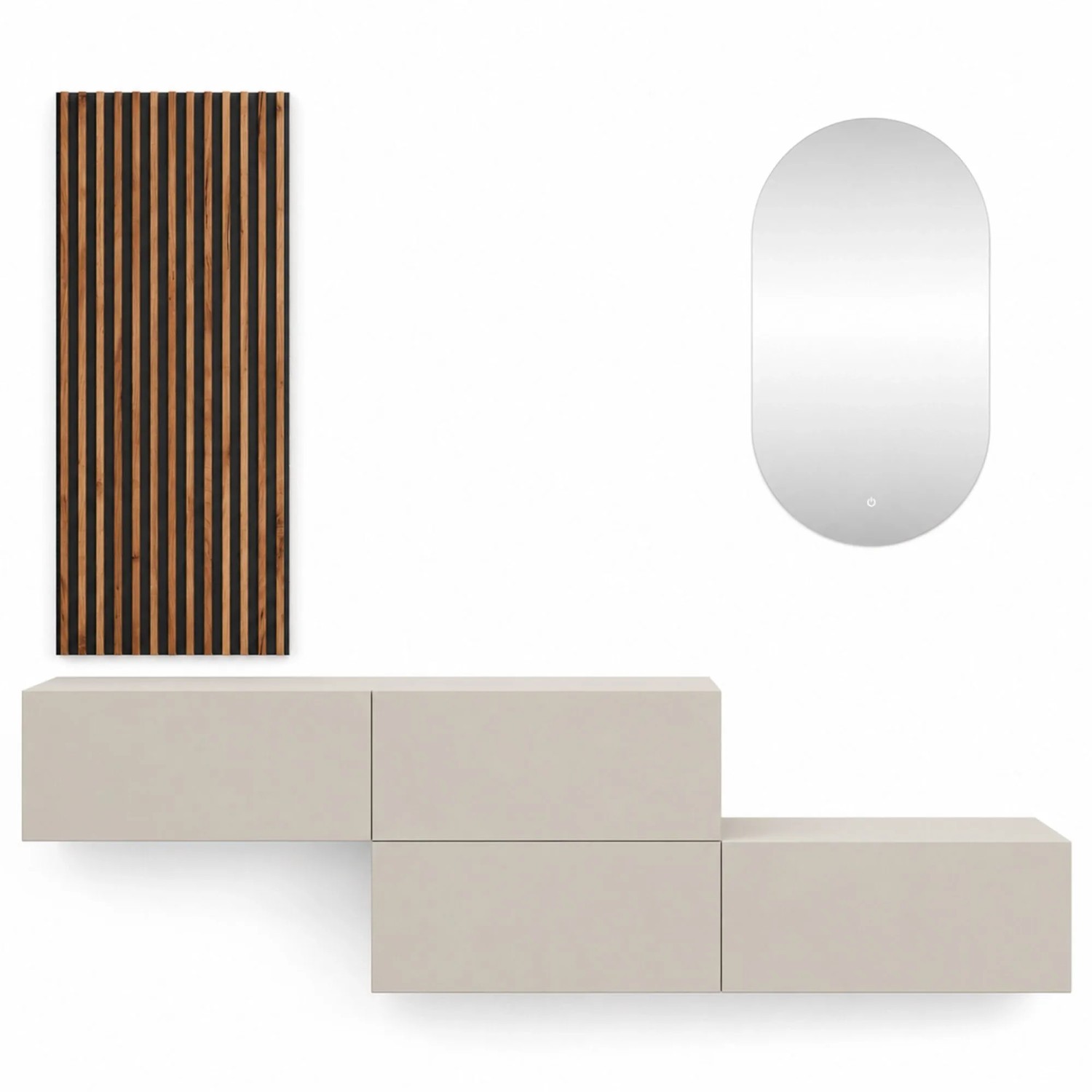 Planetmöbel Flurgarderobe Set 2 x 140 cm Kaschmir mit Wandpaneel und LED Spiegel Dimmbar