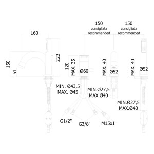 Technische Zeichnung: pianura Dreiloch-Wannenrand-Einhebelmischer Stella in Chrom mit Maßen.