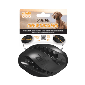 Schwarzer Zeus ChewChasers Rugby Ball für Hunde, ein robustes Intelligenzspielzeug aus Naturkautschuk.