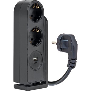 Schwaiger Tischsteckdosenleiste mit 2 Schuko-Steckdosen, USB-C und USB-A Ladeports, klemmbar.