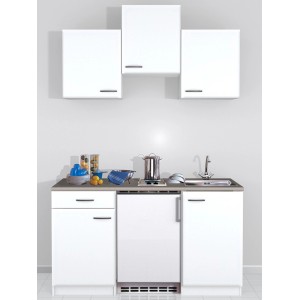 Weiße Flex-Well Miniküche Wito 150 cm mit Spüle, Kochfeld, Kühlschrank und Hängeschränken.
